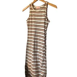 Ribbed Stripe Maxi dress Cream brown Sleeveless ruched side cotton stretch M NWT